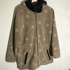 OBERMEYER Fleece Jacket‎ Small Tan Reindeer Snowflake Christmas Oversized Anorak